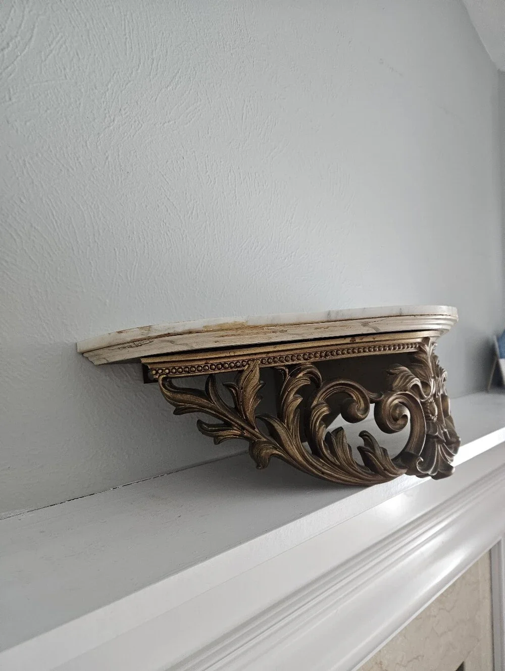 Vintage Turner Manufacturing Ornate Gold Half Moon Wall Shelf With Marble Top